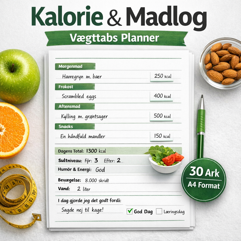 Kalorie & Madlog – Vægttabs Planner (30 ark, A4)