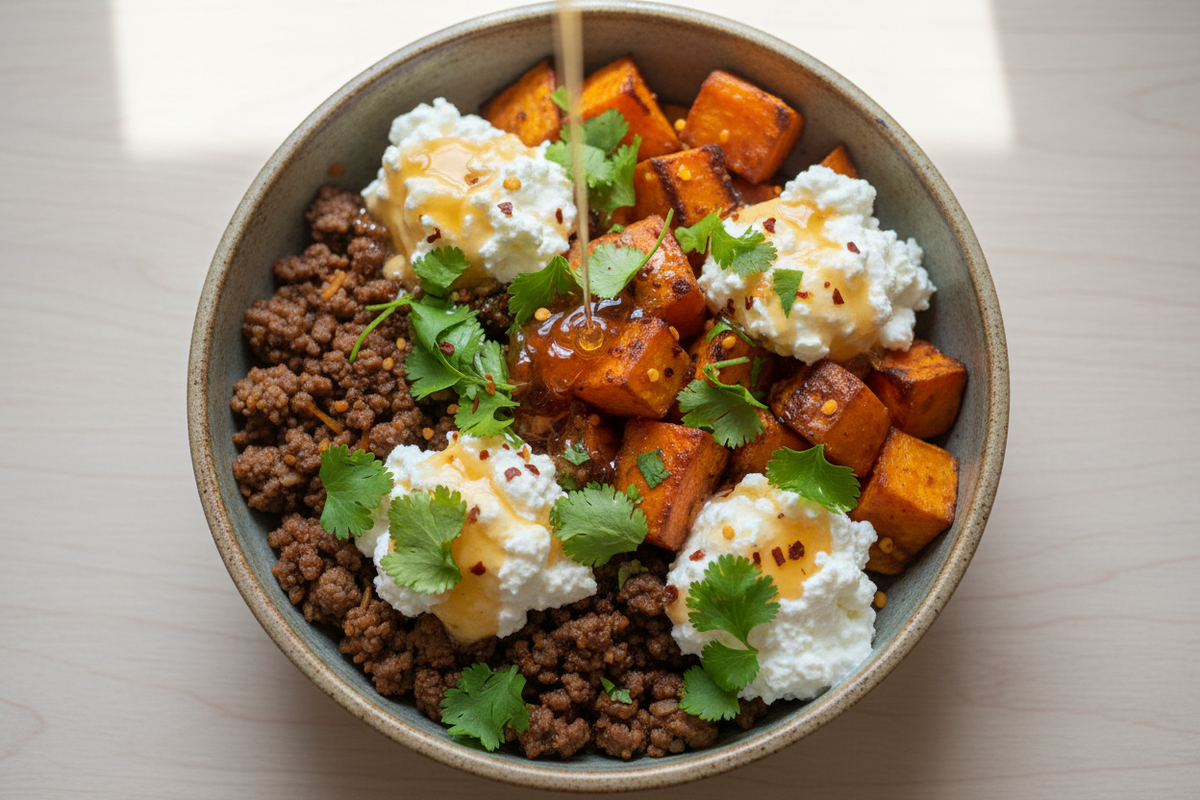 Hot Honey Cottage Cheese Sweet Potato Beef Bowl